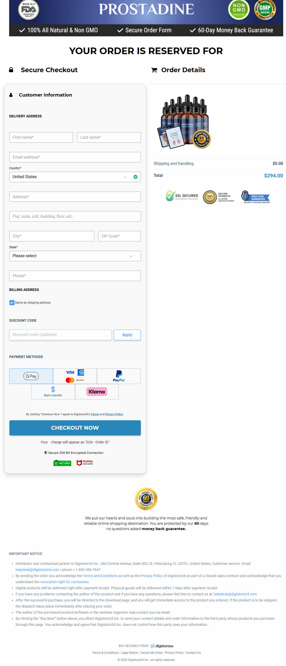 Prostadine Order Checkout Page